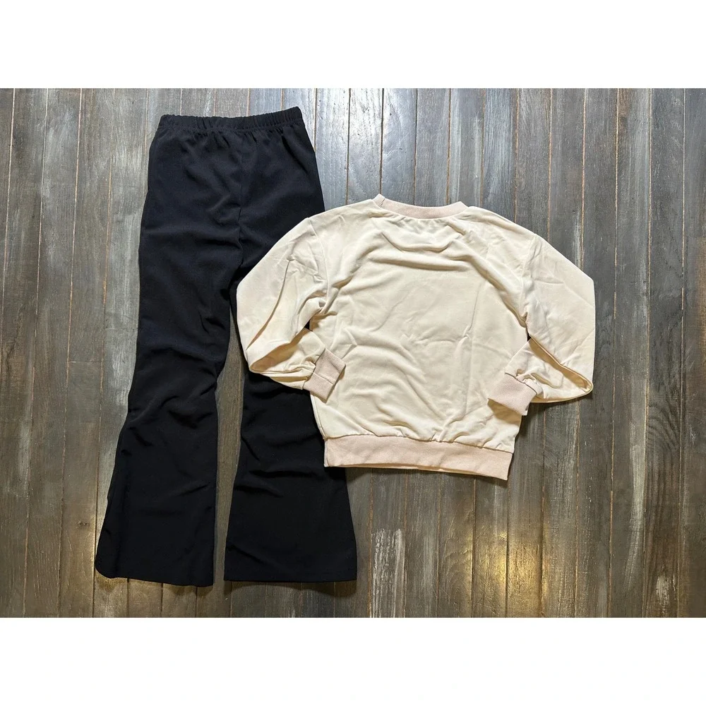 Girls 2 Piece Outfit Set Cream Bow Sweatshirt and Black Flare Pants